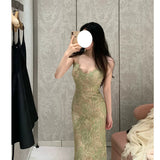 Dadizhimu Elegant Apricot Green Lace Dress Sling Dress Femininity Small Design Banquet Dress Dress With Hip Dress