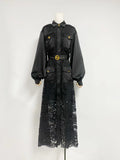 Dadizhimu 2025 New Women's Fashion Flip Lantern Long Sleeve Single Buckle Belt Lace Long Temperament Dress Woman
