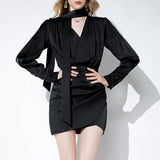 Dadizhimu Small Black Dress Design With A Sense Of The Vertiny Dress Women's New Autumn Temperament V-Necked Wrinkles Skirt