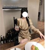 Dadizhimu Collar Long Sleeves Golden Lilyded Shiny Dress Femininity Folds Thin-Buttoned Dress