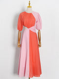 Dadizhimu New Fashion Round Collar Colliding Color Splicing Design Long Dress Women's Dress Summer