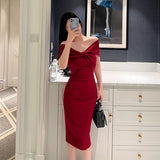 Dadizhimu Red French Champs-All Lys¨¦e Classic Shoulder Tea Dress High Waist Repair Body Scuffled Ass Bent Dress Woman