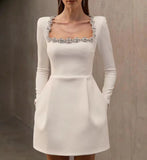 Dadizhimu Early Autumn New Square Collar Nail Beads French Dress Dress Women's Commuting Dress