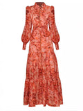 Dadizhimu Australian Niche Wind Collar Long-Sleeved Shirt Prints To Close The Waist And Leaves Of The Dress