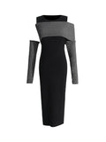 Dadizhimu 2025 New Fashion Temperament Slim Thin Splicing Design Dress Famous Wind Knitted Long Dress Woman