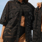 Dadizhimu New Embroidery Hook Design Medium Long-Sleeved Shirt Top + Casual High-Waist Shorts Fashion Two-Piece Set Of Women