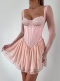 Dadizhimu Women's New Mesh Yarn Long-Sleeved Lace Spliced Fish Bone French Dress Barbie Cos Pink Dress