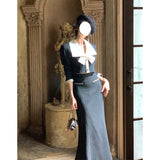 Dadizhimu Wind Banquet Dress Women Black Suit New Splicing Collar Short Top + Half Body Skirt