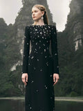 Dadizhimu Star Temperament Elegant Heavy Industry Nails And Studded Long Sleeve Dress With Long Sleeve Dress