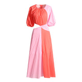 Dadizhimu New Fashion Round Collar Colliding Color Splicing Design Long Dress Women's Dress Summer