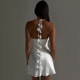 Dadizhimu Net Red Women's Sexy Hanging Neck Babes Open Back Small Dress Pure Lusty White Dress