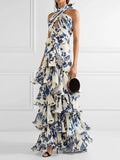 Dadizhimu Temperament Elegant Wind To The Waist Thin Long Cake Dress 2025 New Design Printing Hanging Neck Dress Women's Summer