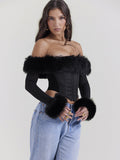 Dadizhimu And Winter New Hottie Fashion Collar A Word Shoulder Fish Bone Long Sleeves Short-Term Dress Women's Clothing