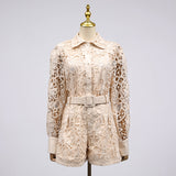 Dadizhimu Fashion Collar Embroidery Set 2025 New Sexy Hollow Flower Shirt + Temperamental Belt Shorts Woman