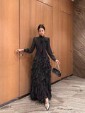 Dadizhimu Autumn And Winter Women's Elegant Ocean Collar Bow Wave Point Printing Waist Lotle Side Dress