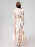 Dadizhimu 2024 New Women's Round-Neck Long-Sleeved Print Single-Dneck Belt-Sleve-Sleeved Dress With Long-Body Sweet Dress