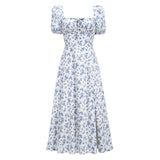 Dadizhimu Women's Dress French Fashion Elegant Floral Long Dress Female Bare Backs Open Fork Bubble Sleeve Dress