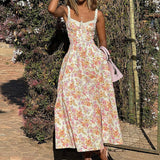 Dadizhimu Women's New Broken Flower Sling Skirt Sexy Bare Back Open Fork Long Skirt Holiday Style Dress Dress Woman