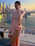 Dadizhimu Boutique Women's Clothing In Elegant Temperament Pure Dress Half-Neck Long Sleeve Sexy Open-Fork Floral Dress
