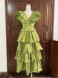 Dadizhimu And Summer 2024 New V-Neck Flying Sleeve Embroidery Splicing Wooden Ear Layer Mid-Long Dress Dress Australian Vacation