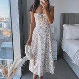 Dadizhimu Women's Sexy Bare Backs With Sling Dress Holiday Break Flower Fork Long Skirt