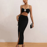 Dadizhimu Sexy Decorative Diamond Flower Sling Skirt Woman High-End Solid Color Slings Two-Piece Dress