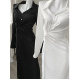 Dadizhimu Design Sense Of The Rice White V-Neck Shirt Dress Gentle Temperament Female Folds To The Waist Thin Fishtail Dress