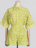 Dadizhimu New Embroidery Hook Design Medium Long-Sleeved Shirt Top + Casual High-Waist Shorts Fashion Two-Piece Set Of Women