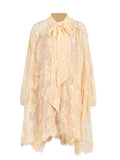 Dadizhimu Beauty Tea Break Dress 2025 Spring New Hollow Lace Loose Swing Long Sleeve Ribbon Dress Dress Woman
