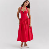Dadizhimu Women's Clothing Spring High-Sensiness Sexy Deep V Hanging Back Red Long Dress Spring Women Dress Women