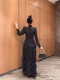 Dadizhimu Autumn And Winter Women's Elegant Ocean Collar Bow Wave Point Printing Waist Lotle Side Dress