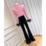 Dadizhimu Wind Rose Flower Brooch Short Ostrich Coat High Waist Water Drill Chain Velvet Trumpet Trousers