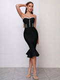 Dadizhimu Luxury Rich Family Gold Wind And Shoulder Bra With Chest Pad Water Drill Bag With Thumbs And Leaves Side Fishtail Dress Bandage Skirt