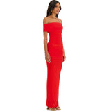 Dadizhimu Sexy Solid Color Elegant Chest-Shaped Shoulder Dress High-End Repair Fork Dress Long