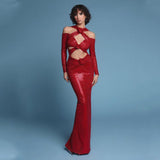 Dadizhimu Women's Sexy V-Neck Long-Sleeved Dress High-End Decorative Flowers Under The Fork Dress Long Model