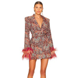 Dadizhimu High-End Women's V-Neck Broken Floral Dress Cuffed Feathers Elegant Dress Coat