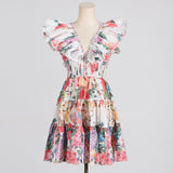 Dadizhimu Trendy Design Dress 2025 New Fashion Flying Sleeve Print Lotus Leaf Side A Short Skirt Woman Trend
