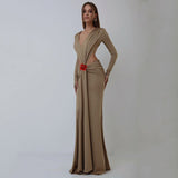 Dadizhimu Sexy V-Necked Long-Sleeved Dress Waist Decor Flower Open-Forked Pouse Dress Dress Dress Long