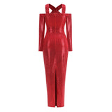 Dadizhimu Women's Sexy V-Neck Long-Sleeved Dress High-End Decorative Flowers Under The Fork Dress Long Model
