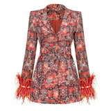 Dadizhimu High-End Women's V-Neck Broken Floral Dress Cuffed Feathers Elegant Dress Coat