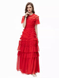 Dadizhimu 2024 Spring And Summer New Women's Round Neck Short Sleeve Mesh Yarn Ear Layer Red Banquet Dress Dress