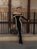 Dadizhimu And Sexy Shoulder-Collision Dress Knitted Long-Sleeved Shoulder Banded Evening Dress