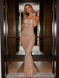 Dadizhimu Sexy Niche Brand Water Drill Slings Appear Thin Dress Black Apricot Long Dress Birthday Fishtail Dress