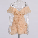 Dadizhimu Lotus Side Shoulder Short-Sleeved Dress Women 2025 Summer Sweet Flying Flying Sleeve Skirt Bag Hip Skirt