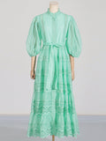 Dadizhimu Temperament Literary Style Embroidery Design Solid Color Dress 2025 New Lantern Sleeve Strap To Collect Waist Long Dress Dress Woman