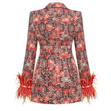 Dadizhimu High-End Women's V-Neck Broken Floral Dress Cuffed Feathers Elegant Dress Coat
