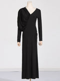 Dadizhimu Temperament Asymmetric Slimming Dress 2025 New V-Neck Design Pressure Fold Solid Color Dress Woman