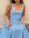 Dadizhimu Women's Summer Summer Idyllic Dress Blue Lattice Sling Dress Summer Women's High-End Holiday Dress