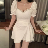 Dadizhimu Famous Lady Temperament Square Collar Bubble Sleeve Three-Dimensional Pattern With Diamond Dress Women's Summer Dating Small White Dress Skirt