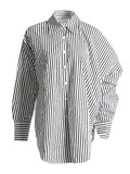 Dadizhimu And South Korea Simple Wind 2025 Spring New Fashion Niche Slanted Shoulder Hollow Striped Straight Trouser Shirt Set Female Trend